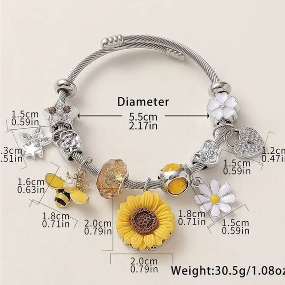 New Sunflower Bee & Heart Charm Adjustable Bracelet With Rhinestones Womens - Picture 4 of 6